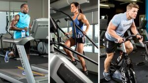 A man and a woman are running on treadmills and a man is riding an exercise bike.