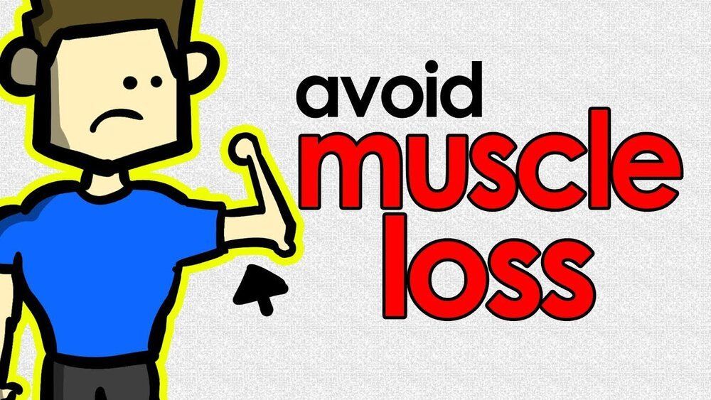 A cartoon of a man flexing his muscle with the words `` avoid muscle loss '' behind him.