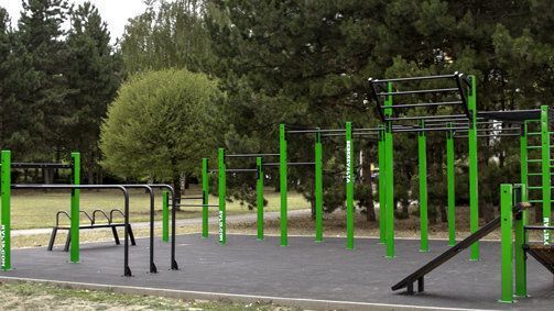 A green and black playground in a park with trees in the background.