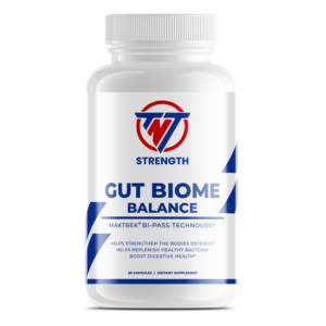 A bottle of strength gut biome balance on a white background