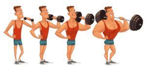 A cartoon of a man lifting dumbbells and a barbell.