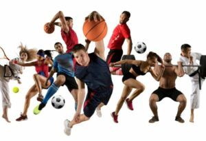 A group of people are doing different sports on a white background.