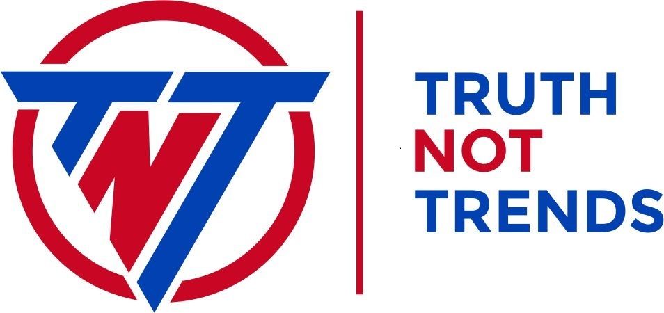 The logo for truth not trends is red , white and blue.