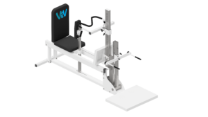 An isometric view of a leg press machine on a white background.