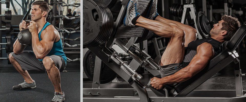 A man is squatting and using a leg press machine in a gym.