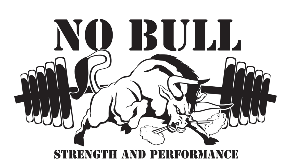 A black and white logo for no bull strength and performance