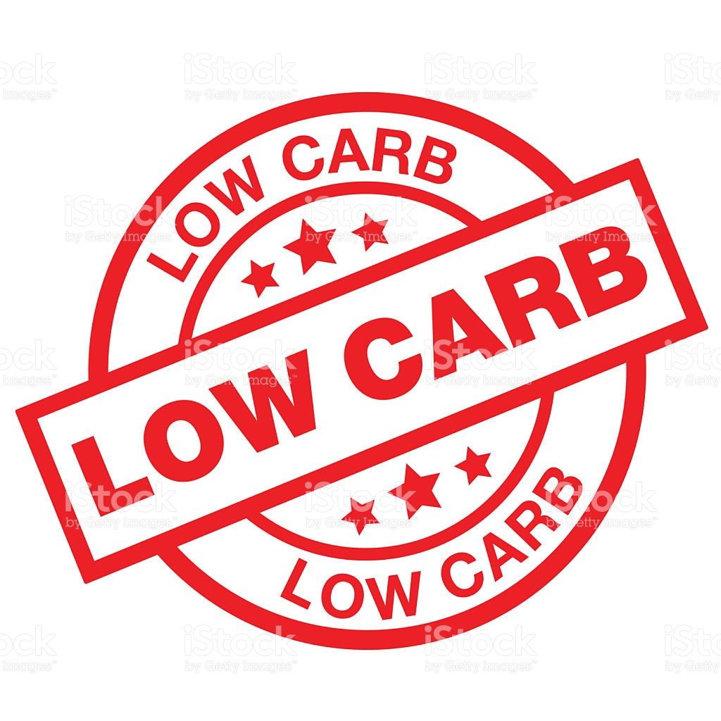 A red stamp with the words `` low carb '' written inside of it.