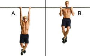 A man is doing a pull up on a bar.