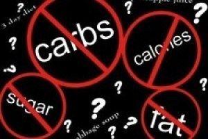 A black background with red circles that say carbs calories and sugar