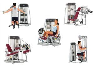 A man and a woman are doing different exercises on a gym machine.