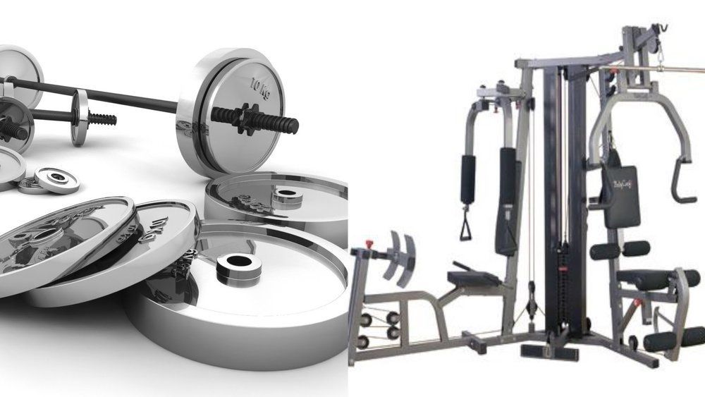 A picture of a barbell and a machine on a white background.