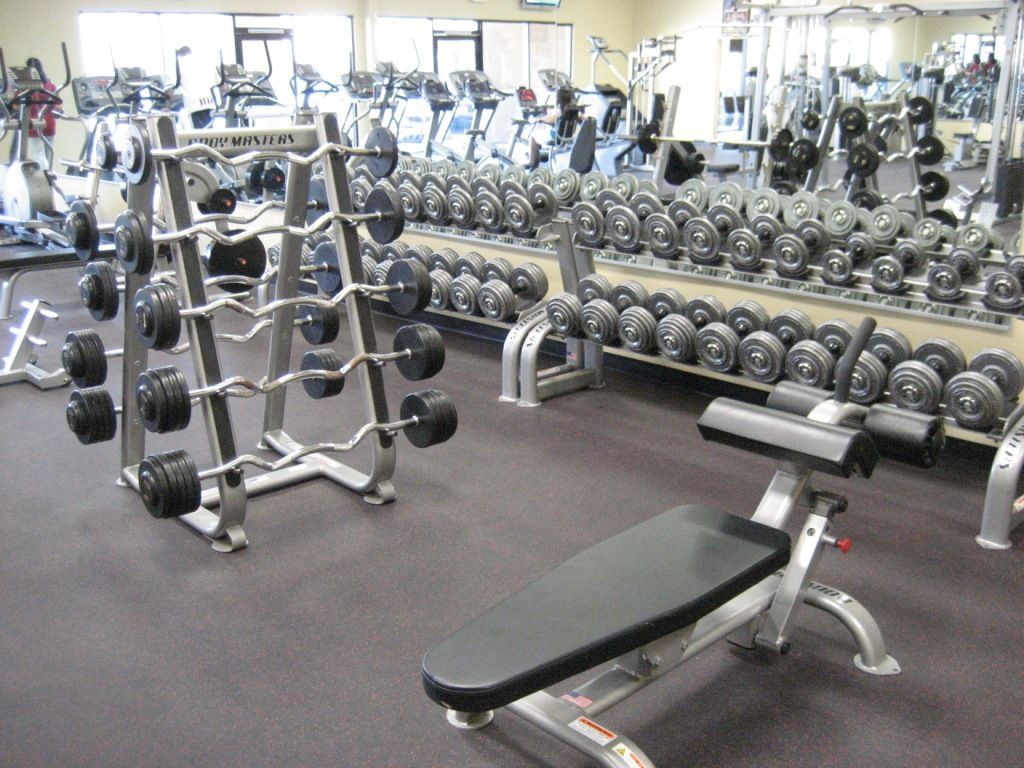 A gym filled with lots of dumbbells and a bench