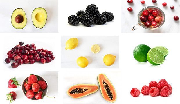 A collage of different fruits including avocado , blackberries , cranberries , lemons , limes and raspberries