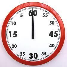 A red clock with a white face and black hands on a white background.