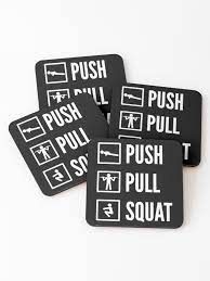 A set of four coasters with push pull squat exercises on them.