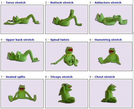 A picture of kermit the frog doing different stretches