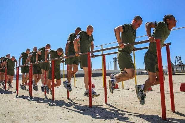 A group of soldiers are doing pull ups on parallel bars.