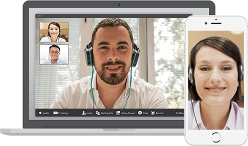 A man and a woman are having a video call on a laptop and a cell phone.