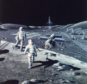 A painting of three astronauts on the moon