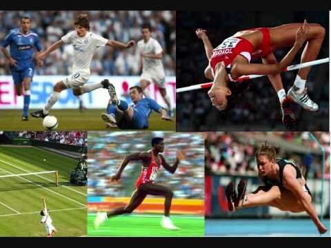 A collage of images of various sports including soccer tennis and jumping