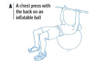 A person is doing a chest press with the back on an inflatable ball.