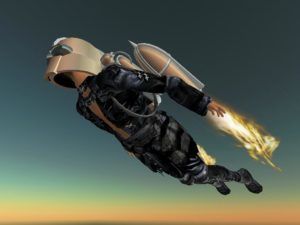 A man is flying through the air with a rocket on his back.