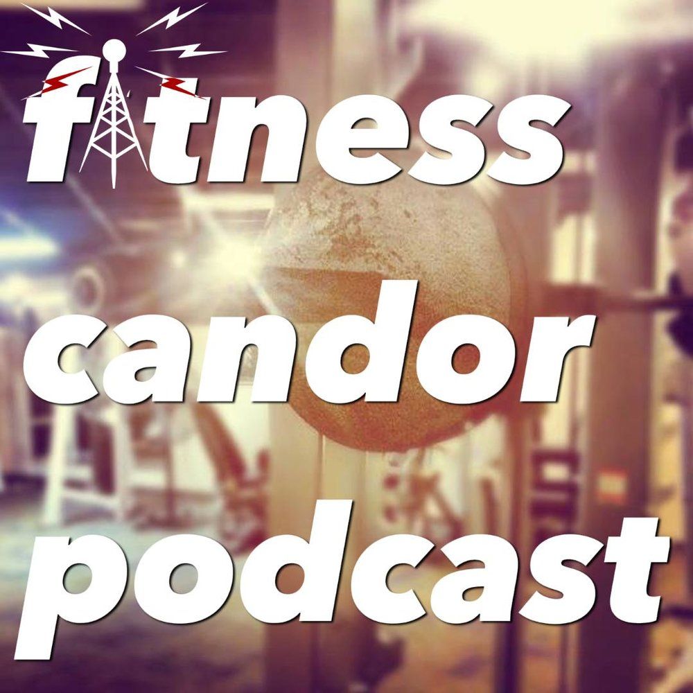 A logo for the fitness candor podcast with a barbell in the background