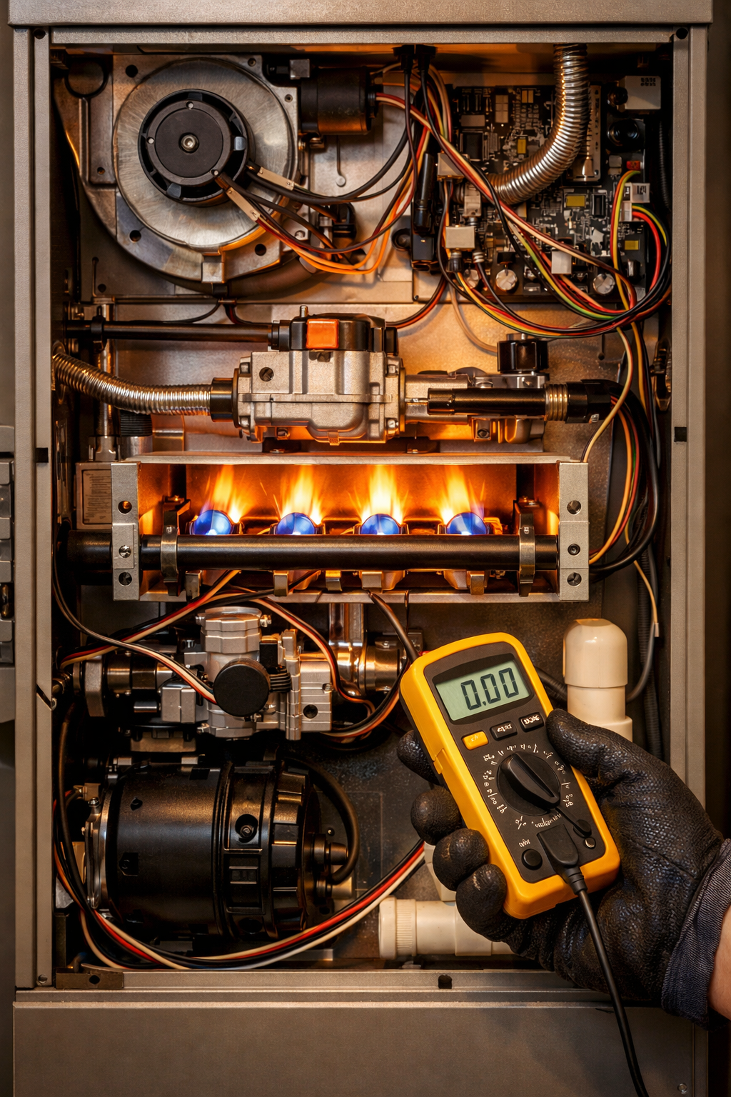 Furnace interior with flames lit, being checked with a multimeter by a gloved hand.