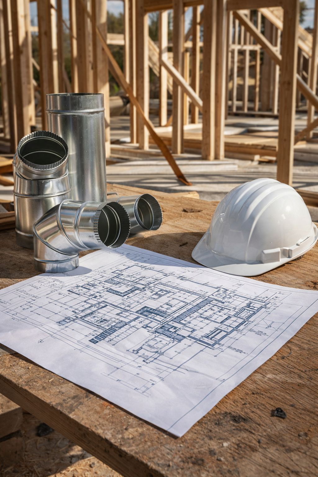 Construction site with blueprints, hard hat, and ventilation pipes. Wooden framing in the background.