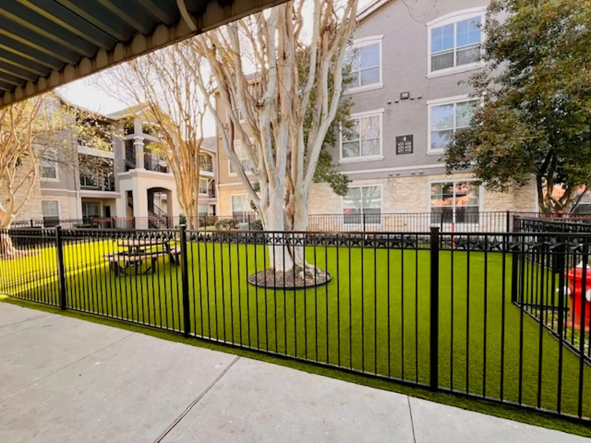 Green lawn enclosed by black fence, with a tree in the center, in front of a multi-story building.