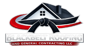 Black Belt Roofing logo with a house roof, black belt, and red accents