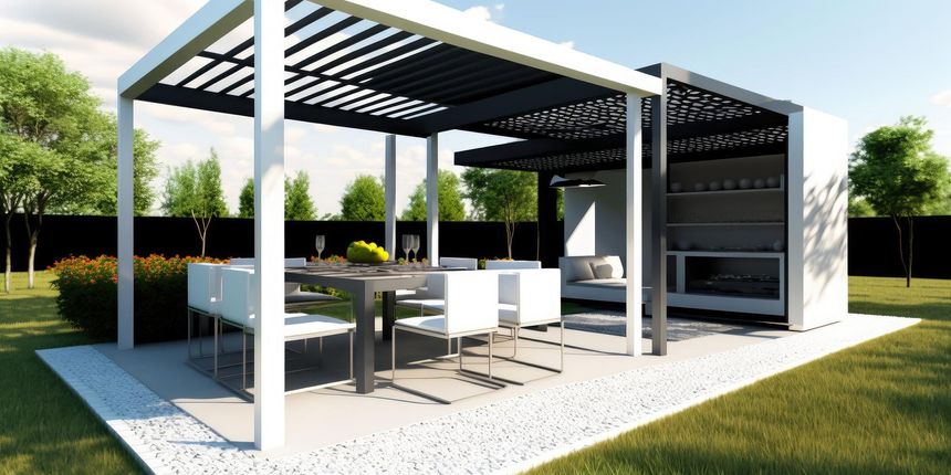 a patio with a table and chairs under a pergola .