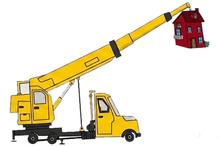 Un camion gru giallo solleva in aria una casa rossa.