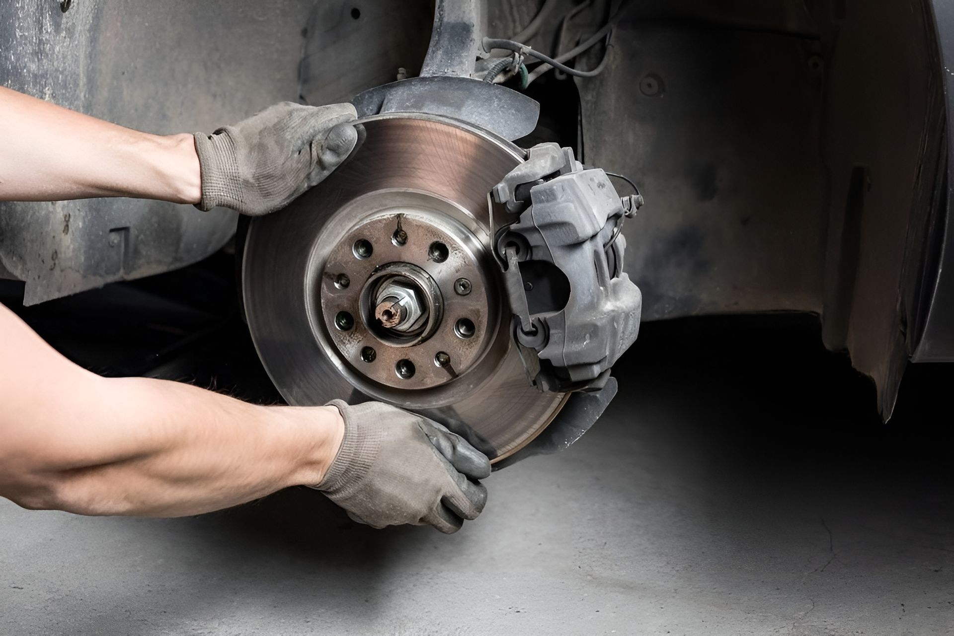 A Man Is Fixing a Brake Disc on A Car — Envy Automotive in Gorokan, NSW