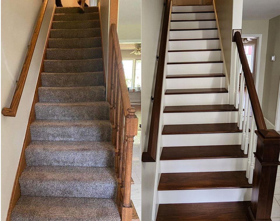 Before and after stairs. Left: carpeted stairs with brown railing. Right: wooden stairs with white risers and brown railing.