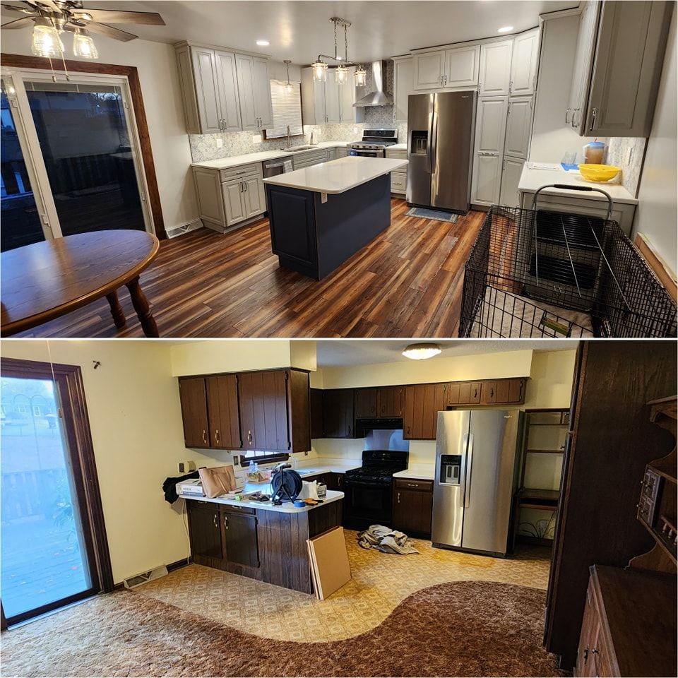 Kitchen remodel comparison: Top: modern white cabinets, island, stainless appliances. Bottom: older brown cabinets, worn carpet.
