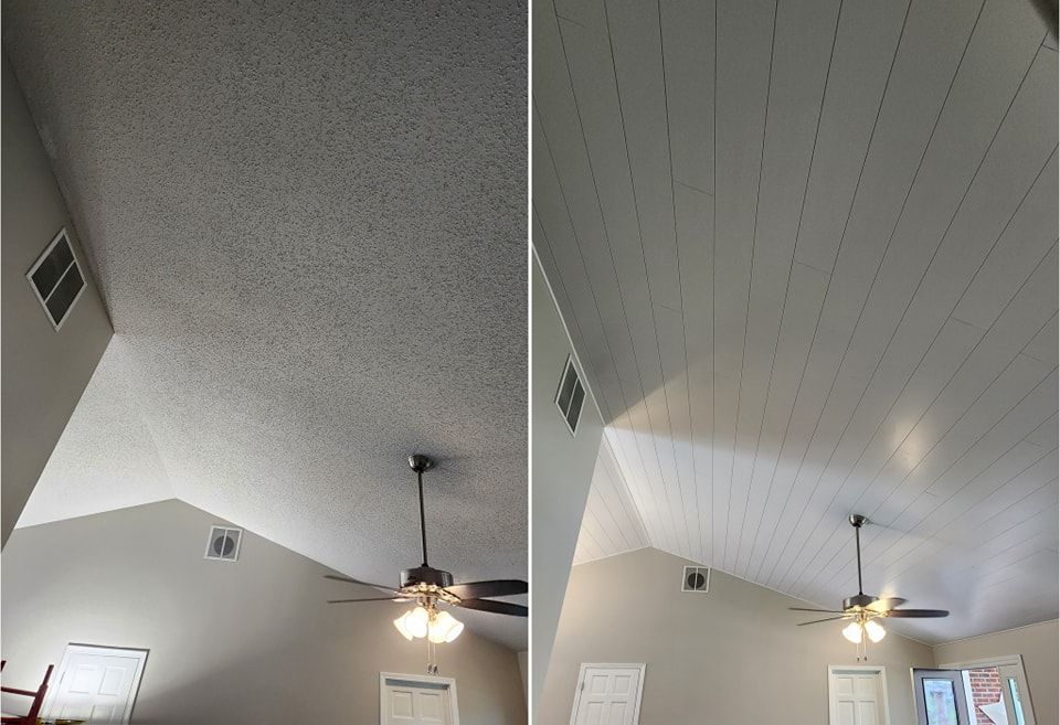 Before and after comparison of a popcorn ceiling (left) and a shiplap ceiling (right) in a living room.