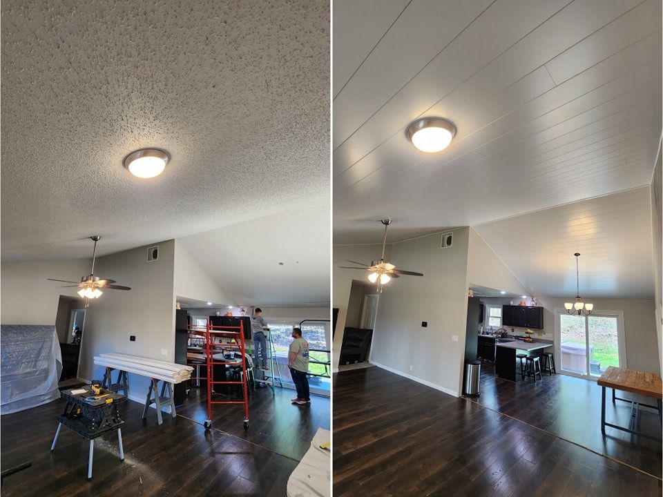 Before-and-after of a living room ceiling renovation: original popcorn ceiling to new horizontal white planking.
