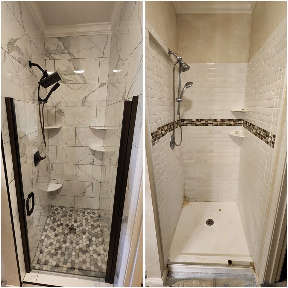 Comparison of two shower stalls; one with marble tile and glass door, the other with white tile and framed door.