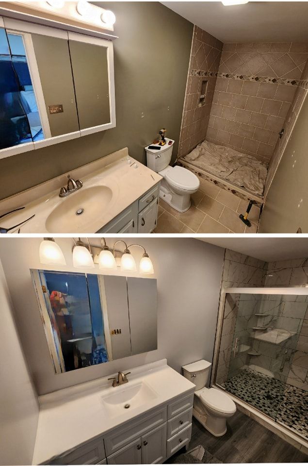Bathroom renovation before and after showing updated vanity, shower, and fixtures.