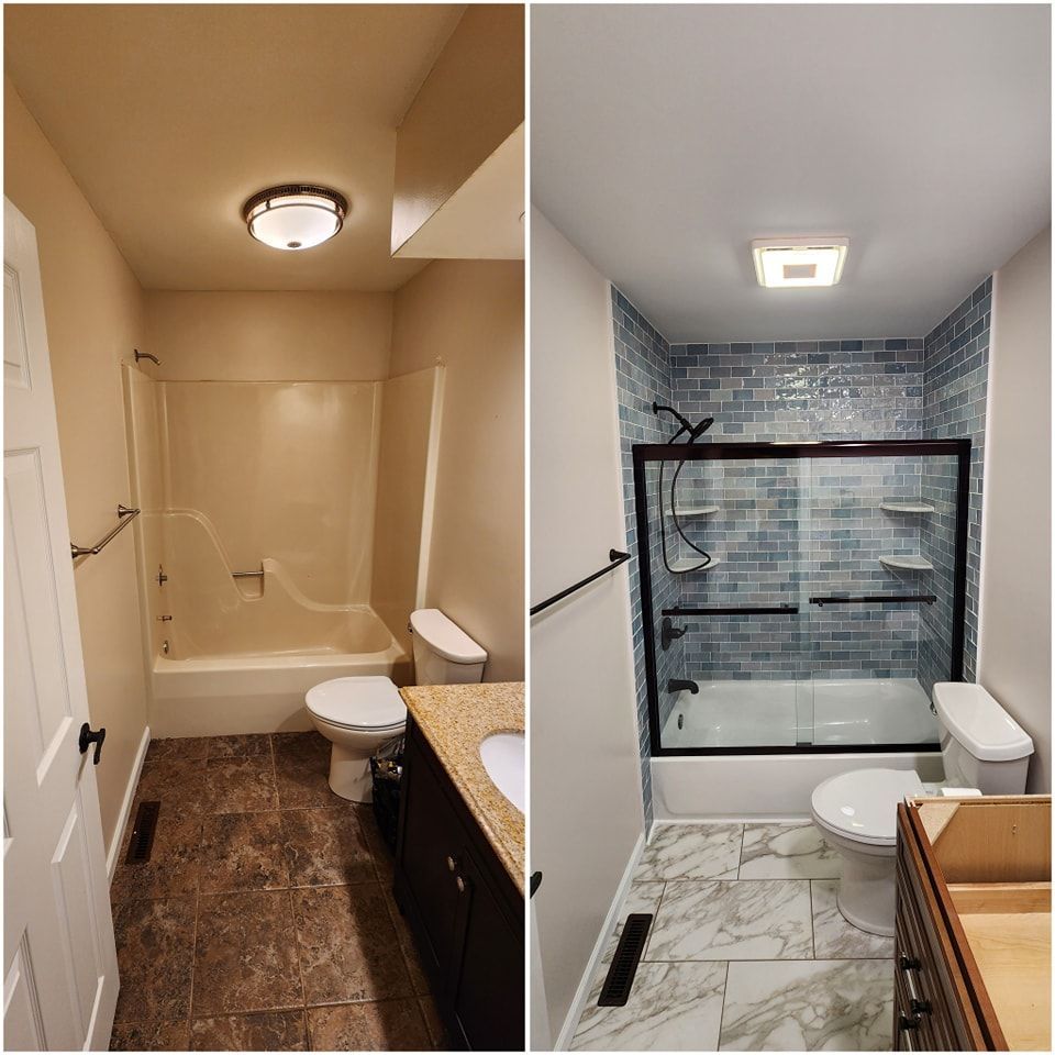 Bathroom remodel: Before and after. Old beige, brown bathroom transformed with blue tile and modern fixtures.