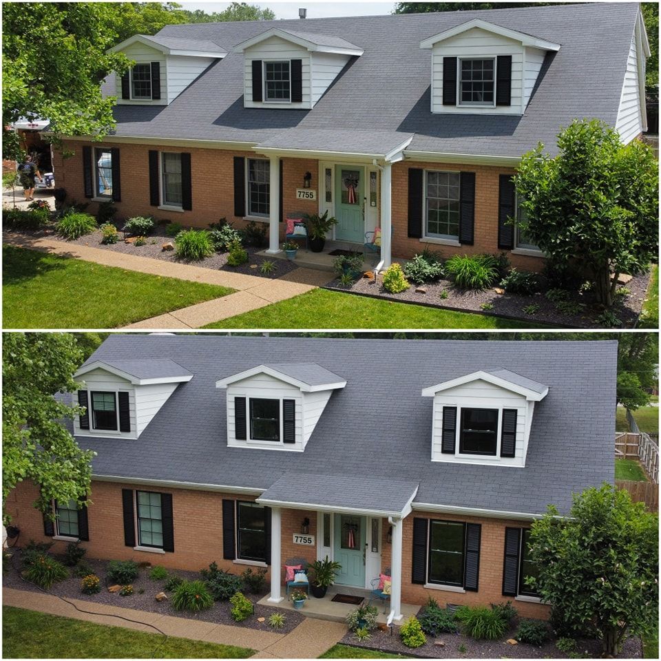Two photos of a brick house with a dark gray roof, three dormers, and a light blue front door.