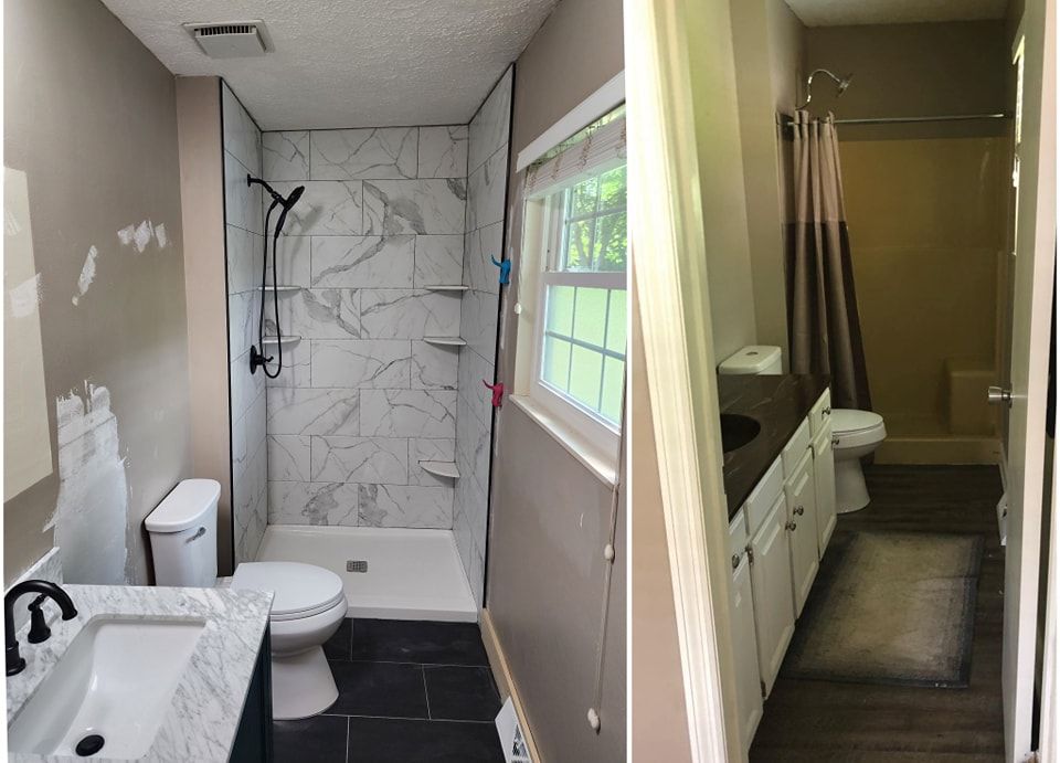 Bathroom renovation: before and after shots. New shower with marble tile, black fixtures, updated vanity and toilet.