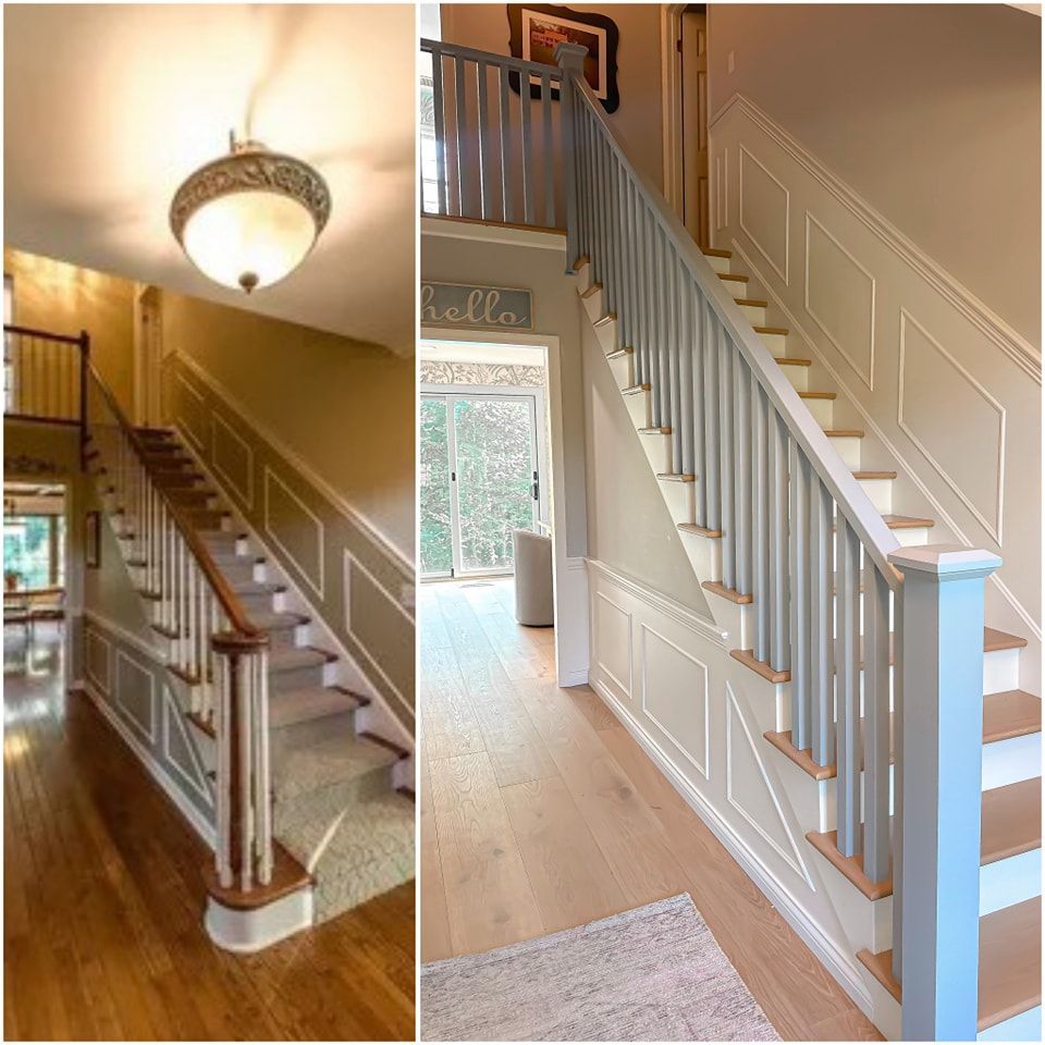 Before/after of staircase with gray banister, white molding, and light wood flooring.