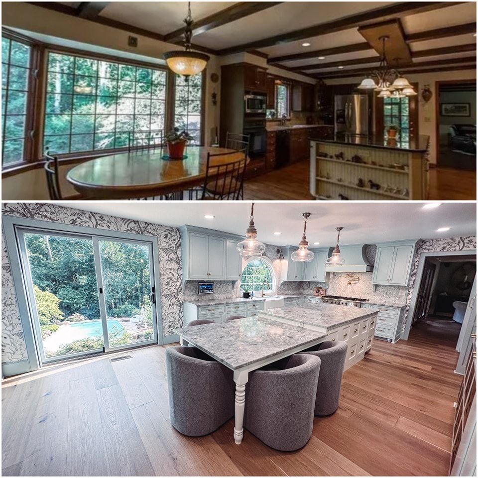 Before and after kitchen renovation. Top: dark wood, dated style. Bottom: modern, light-filled with island seating.