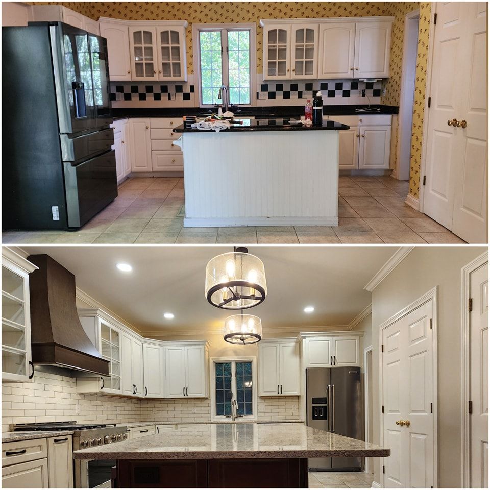 Two photos comparing a kitchen's before and after renovation. The after shows a new range, cabinets, and island.
