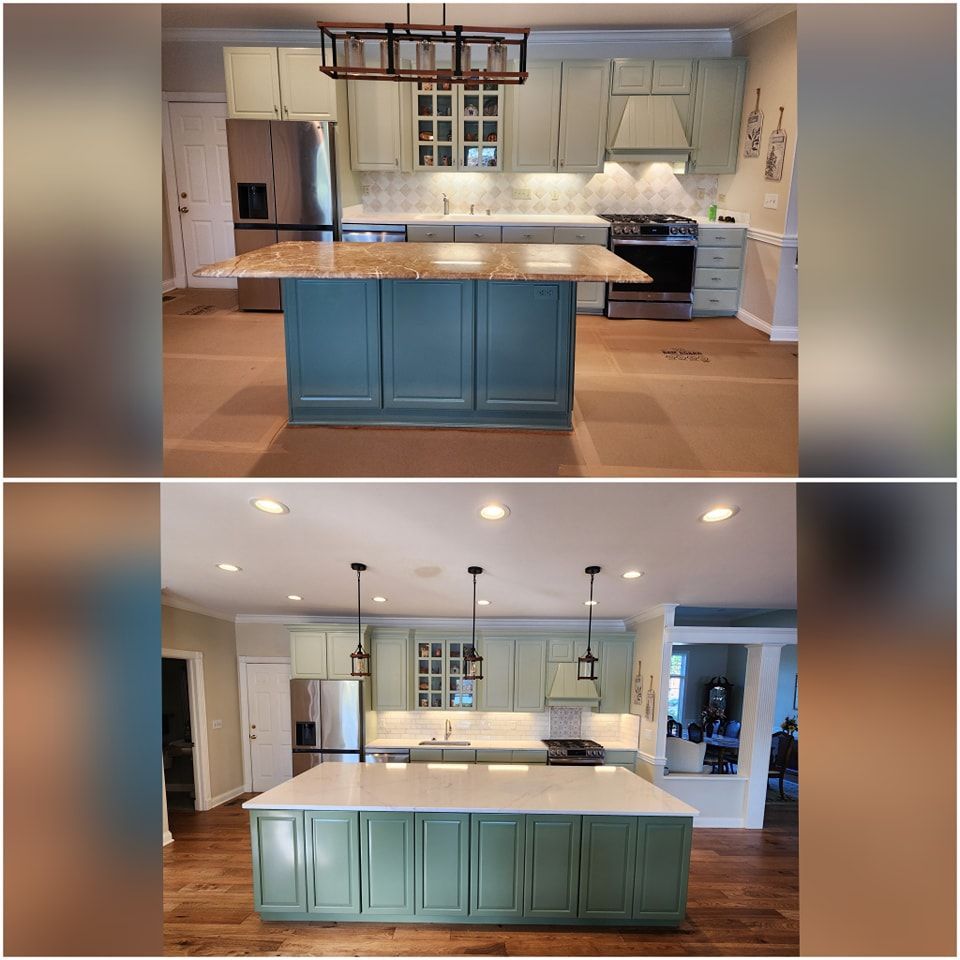 Two kitchen renovation photos: before with brown island, after with white island. Green cabinets.