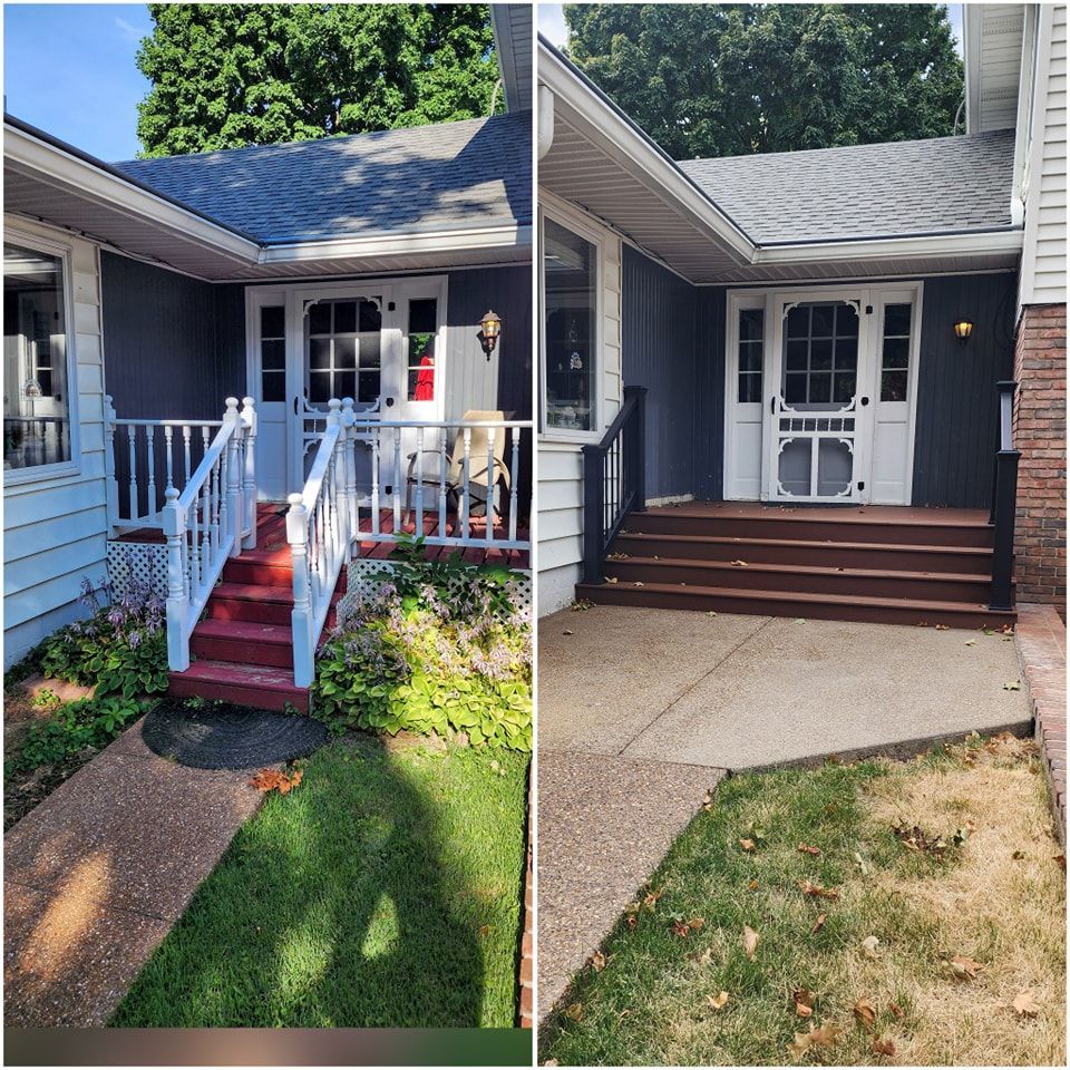 Two photos: house exterior with a porch. Before/after renovation showing a porch with steps.