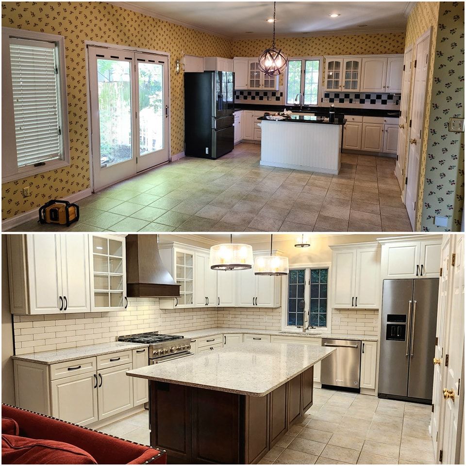 Before and after of a kitchen renovation. Old kitchen: yellow wallpaper, white cabinets, black fridge. New kitchen: white cabinets, island, stainless steel appliances.