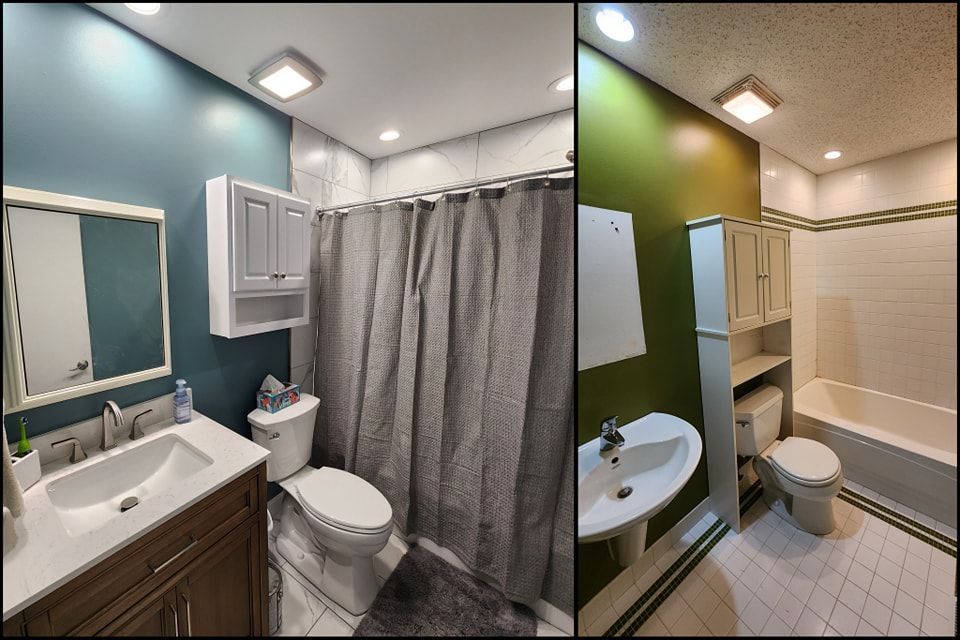Two bathrooms side by side, one teal and one green, with white fixtures and tile.